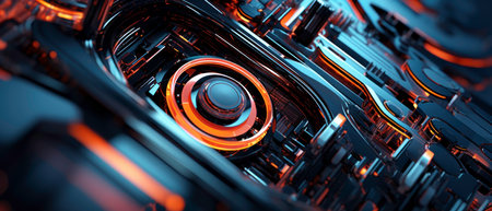 Futuristic technology scene. Intricately designed computer components in a high-tech setting, highlighted by vivid colors.の素材