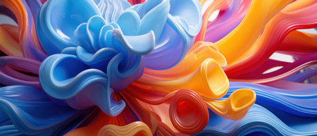 Abstract plastic waves with a liquid-like texture, blending vibrant colors. Colorful paint swirls in a wavy pattern.の素材