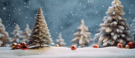 Snowy Christmas scene with a majestic tree adorned with festive ornaments, embodying holiday enchantment and joy.の素材
