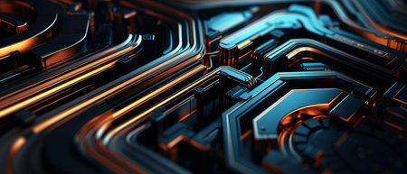 Futuristic circuit board close-up with vibrant blue and orange lines, creating a dynamic, tech-inspired abstract scene.の素材