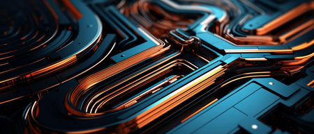 Futuristic circuit board close-up with vibrant blue and orange lines, creating a dynamic, tech-inspired abstract scene.の素材
