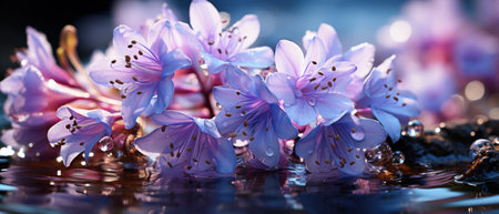 Captivating close-up of vibrant purple bluebells flowers adorned with glistening water droplets.の素材