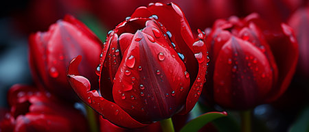 Close-up of a radiant red tulip with water droplets, in a sunlit field. Macro shot of a vibrant tulip, highlighting its delicate texture.の素材