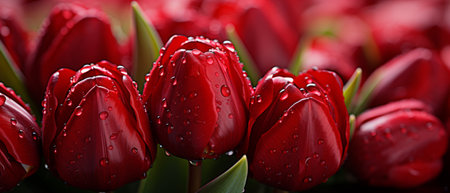 Close-up of vibrant red tulips with dew drops, symbolizing love and romance. Perfect for Valentine's Day, weddings, romantic gifts, or floral decorations.の素材