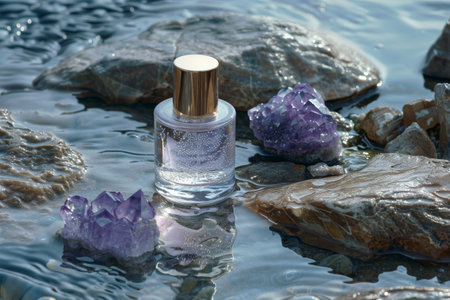 A luxurious perfume bottle placed on a tranquil water setting with natural amethyst stones creating an aura of calmness and eleganceの素材