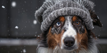 An Australian Shepherd dog is shown wearing a knitted hat while standing in the snow. The dog appears comfortable and is surrounded by a layer of white snowflakes.の素材