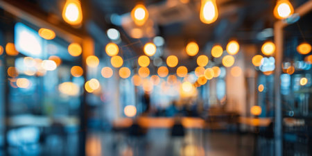 Warm bokeh orbs envelop an elegant, blurred office corridor.の素材