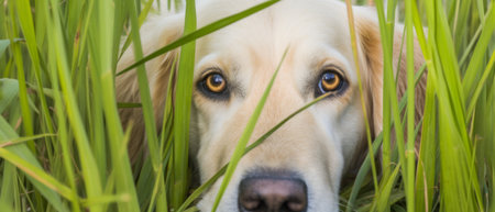 Adorable Golden Retriever peeks out from green foliage. Playful dogs in lush grass.の素材