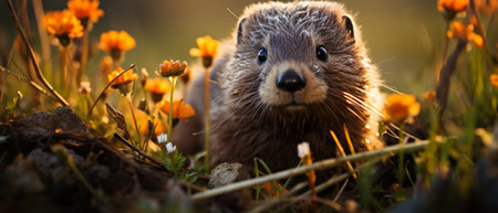 Close-up of a curious little marmot peeking through vibrant green grass.の素材