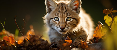 Playful baby lynx emerging from a lush forest, its gaze captivating amidst vibrant leaves.の素材