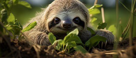 Charming sloth in a leafy sanctuary, radiating tranquility and contentment.の素材