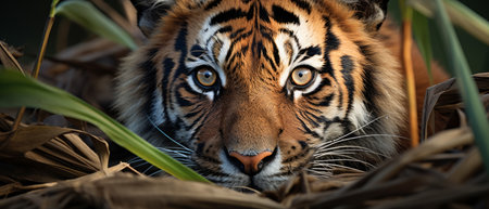 Majestic tiger in savanna grass, its piercing eyes exuding power and grace.の素材