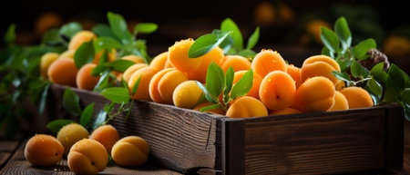 Fresh apricots in a wooden box, radiating natural charm and abundance.の素材