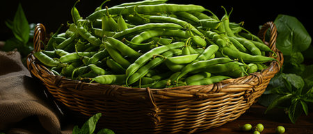 Fresh green beans in a wicker basket on a rustic table, showcasing farm freshness.の素材