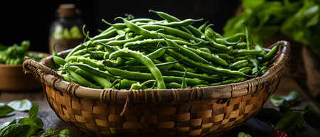Fresh green beans in a wicker basket on a rustic table, showcasing farm freshness.の素材