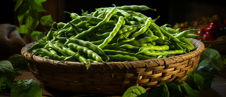 Fresh green beans in a wicker basket on a rustic table, showcasing farm freshness.の素材