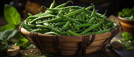 Fresh green beans in a wicker basket on a rustic table, showcasing farm freshness.の素材