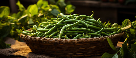 Fresh green beans in a wicker basket on a rustic table, showcasing farm freshness.の素材