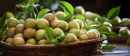 Rustic scene of fresh macadamia nuts in a wooden bowl, symbolizing natural richness.の素材