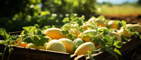 Succulent melons in a rustic wooden crate, capturing the essence of a bountiful harvest.の素材