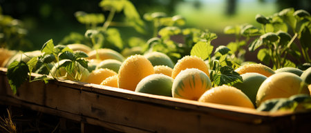 Succulent melons in a rustic wooden crate, capturing the essence of a bountiful harvest.の素材