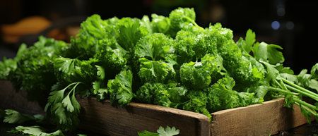 Fresh parsley in a rustic wooden crate, showcasing vibrant greenery and natural textures.の素材
