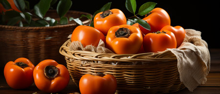 Ripe persimmons in a wicker basket on a wooden table, creating a vibrant orange display.の素材