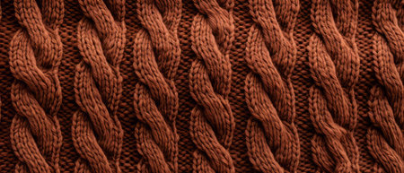 Cozy knitted wool texture in brown, perfect for a warm winter background. Showcases the softness and intricate detail of handmade knitwear.の素材