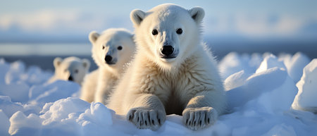 Adorable polar bear cub sitting in the Arctic snow, capturing the essence of wildlife in the cold, northern tundra. Perfect for themes of nature and endangered species.の素材