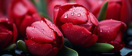 Close-up of a delicate pink tulips covered in dew, a symbol of romance and natural beauty.の素材