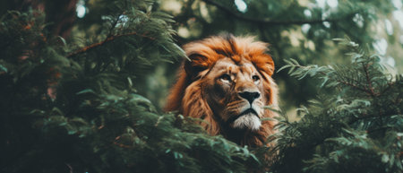 Close-up of a male lion's face, showcasing its impressive mane and strong features in its natural habitat.の素材