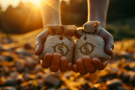 Hands present two small sacks with dollar and recycling symbols, symbolizing eco-friendly investing during a vibrant sunsetの素材