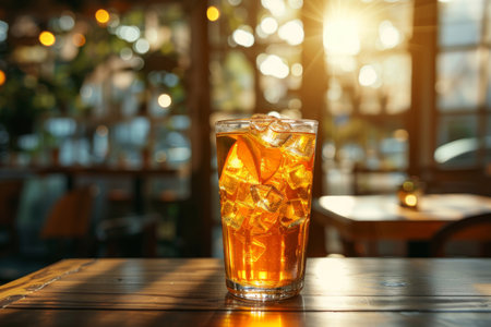 Refreshing glass of iced tea bathed in the warm glow of a sunset, creating a serene atmosphere at an outdoor cafeの素材