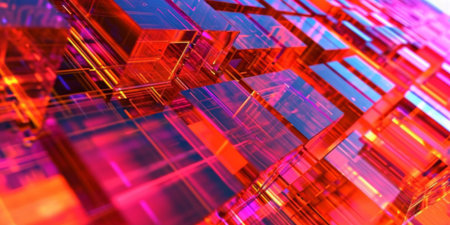 Abstract blurred image of neon-lit digital blocks, resembling a futuristic circuit board.の素材