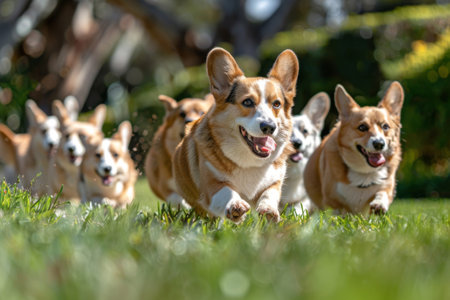Pack of Joyful Corgis Running Outdoors.の素材
