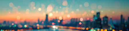 Abstract blurred city skyline at twilight with colorful bokeh lights.の素材