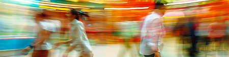 Colorful long exposure shot of business professionals in motion at a trade fair.の素材