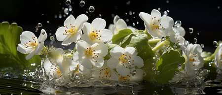 Elegant cowslip bloom in water, highlighted by splashes and vivid contrast.の素材