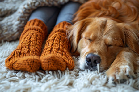 A peaceful dog lies comfortably on a fluffy rug, wearing adorable knitted socks, epitomizing domestic coziness.の素材