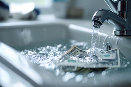 Close up depicting dollar bills in a sink with water running from a faucet, symbolizing financial waste or lossの素材
