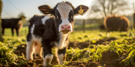 An inquisitive young calf stands in a sunlit field, offering a charming portrait perfect for agricultural and lifestyle themesの素材
