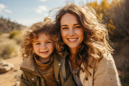A smiling mother with her joyful child basking in the warm autumn sunlight, capturing a precious moment of maternal love and happinessの素材