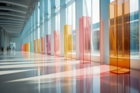 Vibrant colored glass panels cast vivid reflections on the floor of a bright, contemporary building interiorの素材