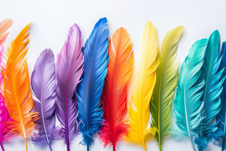 A colorful array of soft feathers in rainbow hues neatly arranged against a white backdrop.の素材