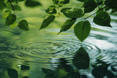 A peaceful scene of fresh green leaves and gentle ripples on a tranquil water surface, evoking a sense of serenityの素材