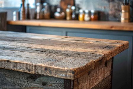 A close up of a wooden kitchen table showcasing its texture and grain, with a softly blurred background of a cozy kitchen interiorの素材