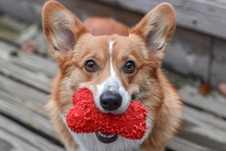 Close up of an adorable Corgi with a red heart toy, showcasing expressive eyes and a playful demeanorの素材