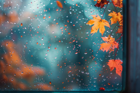 A close up view of a rain spattered window highlighting the beauty of fall with vibrant orange leaves in the backgroundの素材