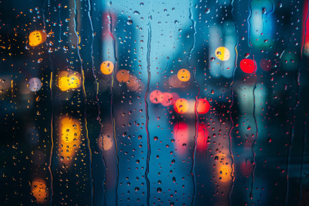 The vibrant glow of city traffic and street lamps seen through a rain speckled window on a moody evening.の素材