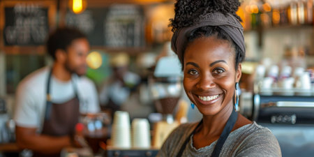 Joyful woman wearing an apron leaning on a coffee shop counter with a male barista in the backgroundの素材